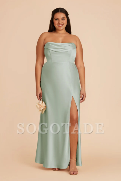 Folded collar off shoulder satin backless and floor length bridesmaid dress