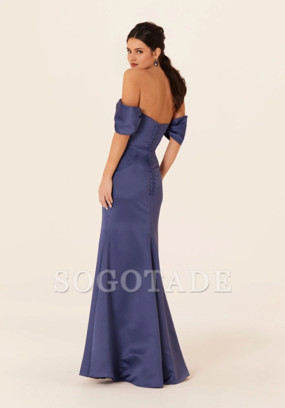 Satin straight neckline off shoulder sleeves trumpet shaped bridesmaid dress