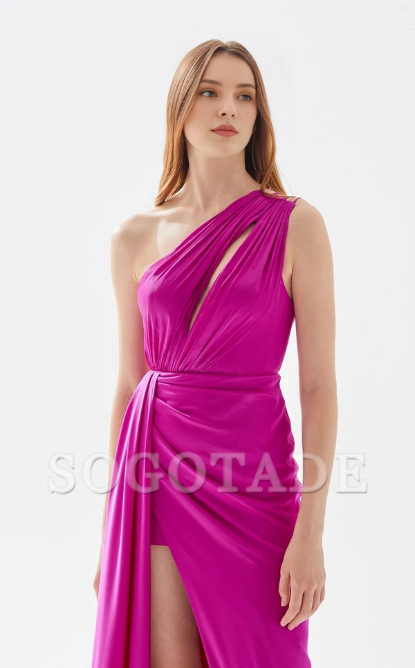 Asymmetric neckline backless side slit and floor length evening dress