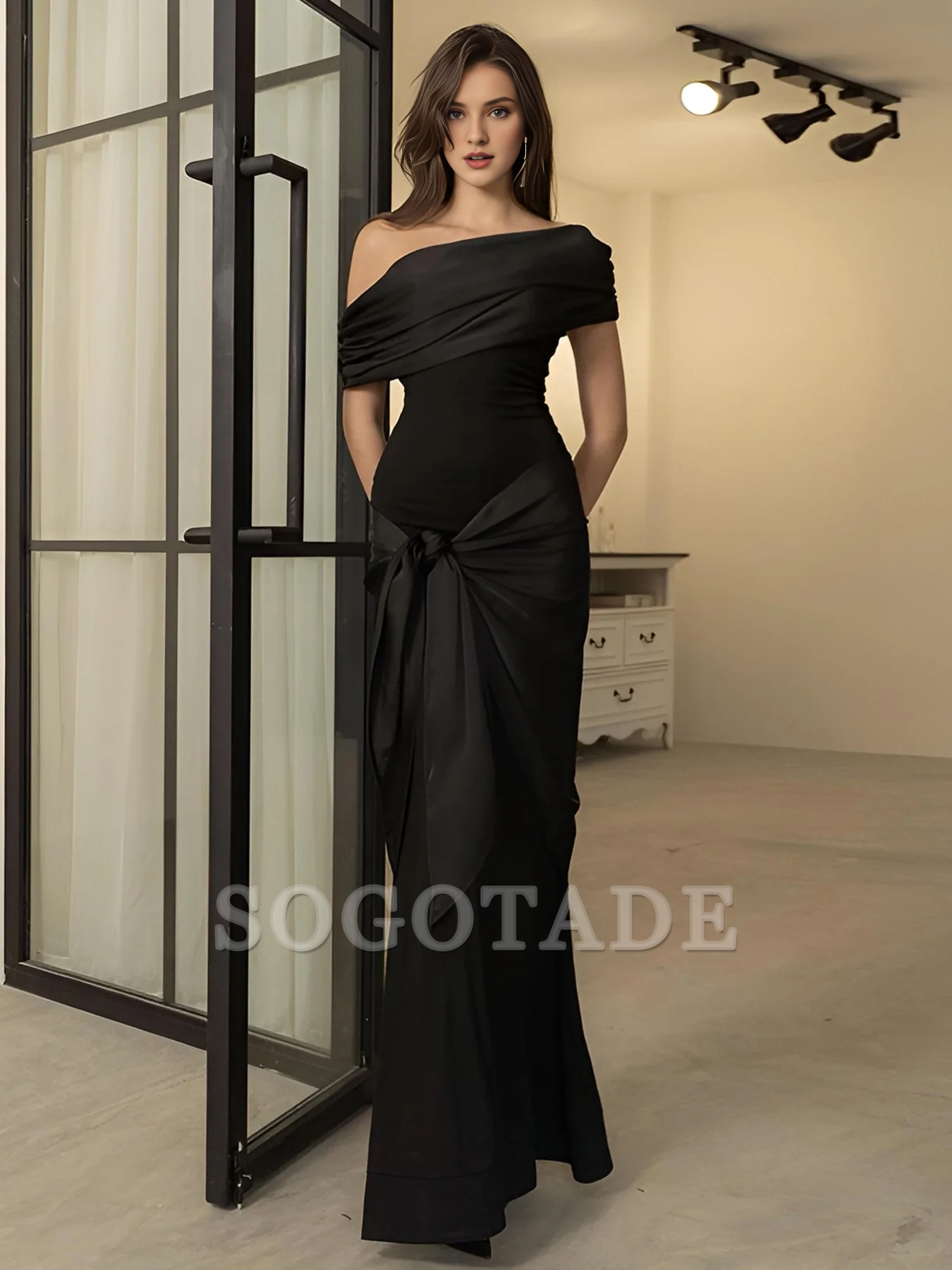 Mermaid/Trumpet Evening Dress Elegant Dress Formal and Ground length Short sleeved Shoulder Pocket Ribbon Bow 2024 Gowns Evening Dresses