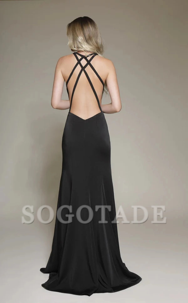 A-line deep V-neck satin and floor length Prom dress-SOGOTADE