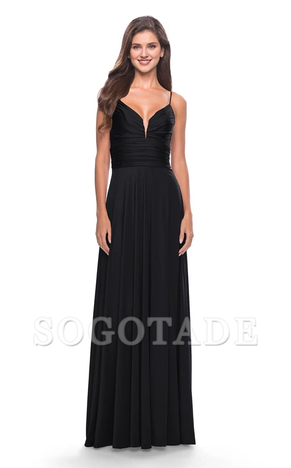 A-line deep V-neck thin shoulder strap exposed back side slit and floor length evening dress-SOGOTADE
