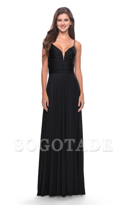 A-line deep V-neck thin shoulder strap exposed back side slit and floor length evening dress-SOGOTADE