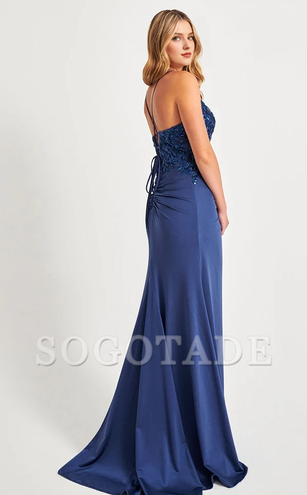 Thin shoulder strap V-neck sequined sleeveless side slit and floor length Prom dress