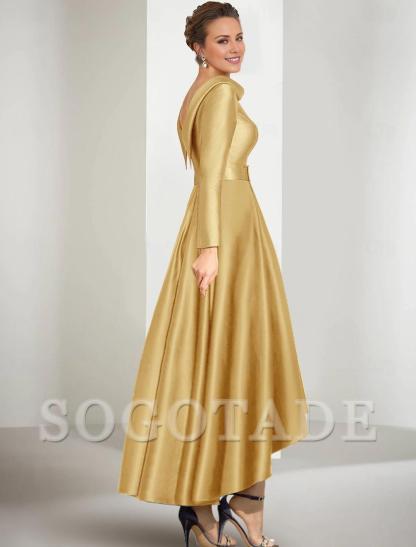 A-shaped bride mother dress elegant gemstone collar asymmetrical satin long sleeved belt/ribbon 2024
