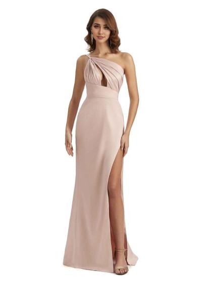 Sexy One Shoulder Silky Satin Unique Long Ladies Bridesmaid Dress For Wedding