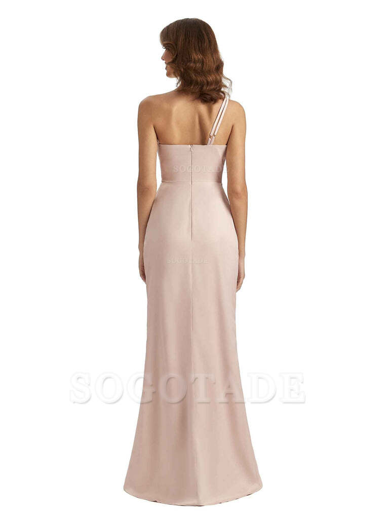 Sexy One Shoulder Silky Satin Unique Long Ladies Bridesmaid Dress For Wedding