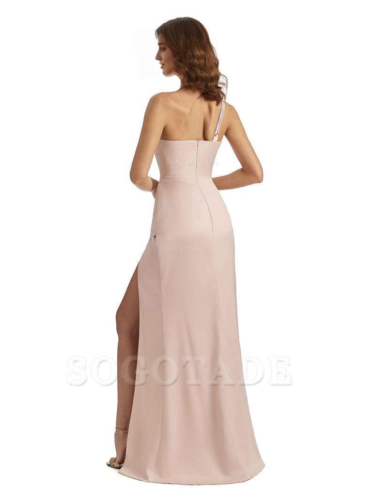 Sexy One Shoulder Silky Satin Unique Long Ladies Bridesmaid Dress For Wedding