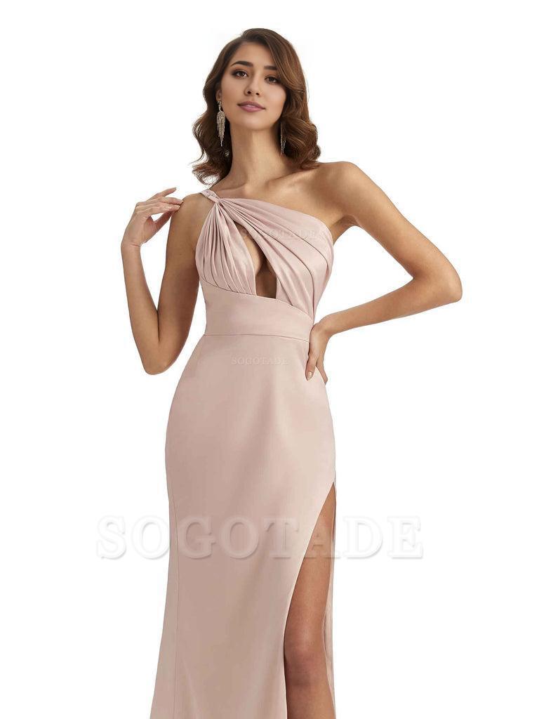 Sexy One Shoulder Silky Satin Unique Long Ladies Bridesmaid Dress For Wedding