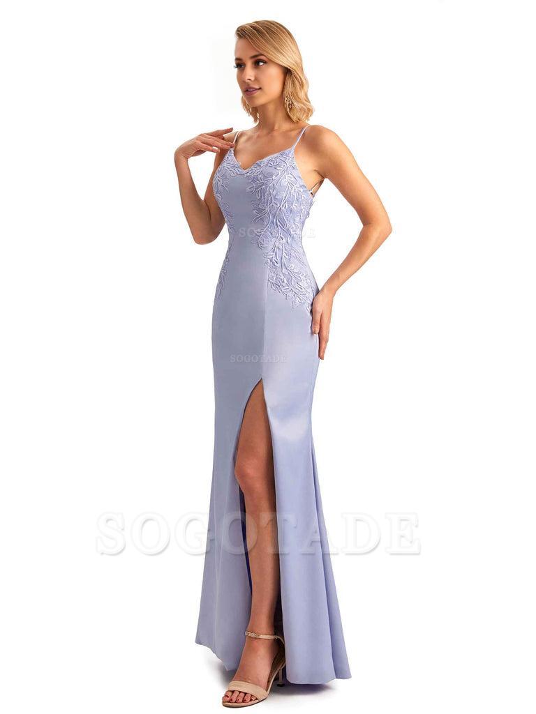 Sexy Side Split Mermaid Spaghetti Straps Soft Satin Unique Lace Long Bridesmaid Dresses