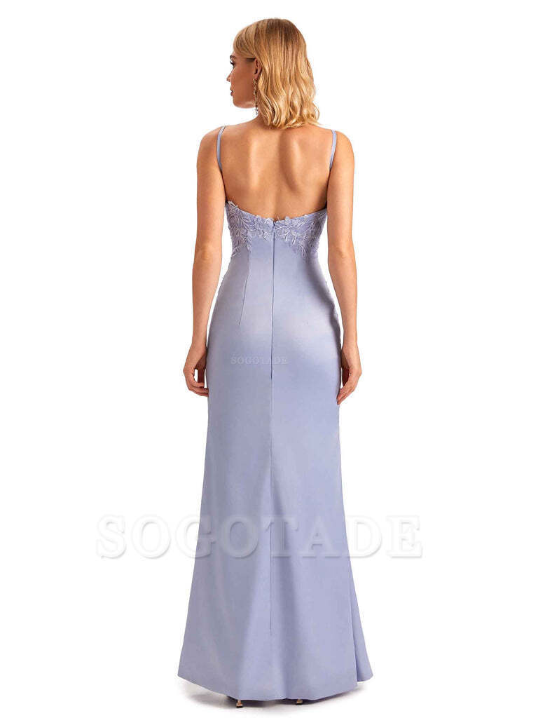 Sexy Side Split Mermaid Spaghetti Straps Soft Satin Unique Lace Long Bridesmaid Dresses