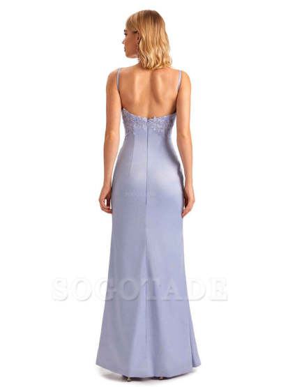 Sexy Side Split Mermaid Spaghetti Straps Soft Satin Unique Lace Long Bridesmaid Dresses
