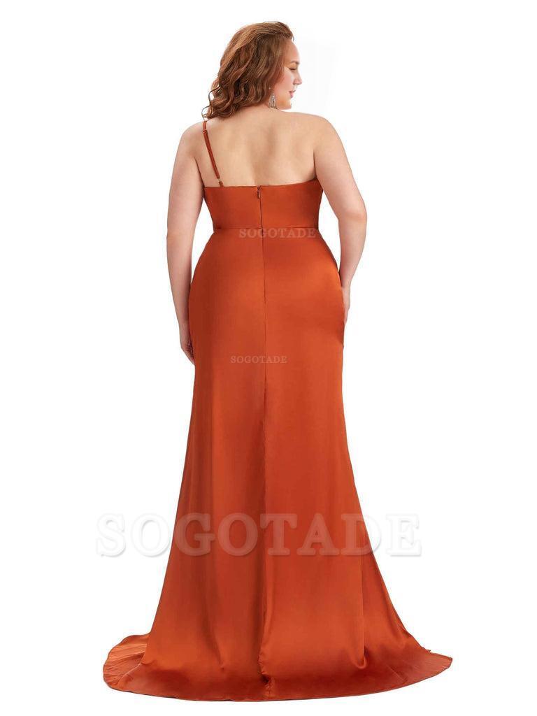 Sexy One Shoulder Side Slit Mermaid Soft Satin Long Plus Size Bridesmaid Dress For Wedding