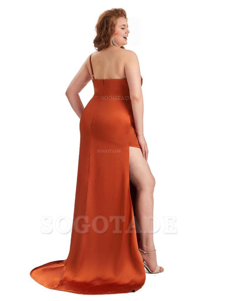 Sexy One Shoulder Side Slit Mermaid Soft Satin Long Plus Size Bridesmaid Dress For Wedding
