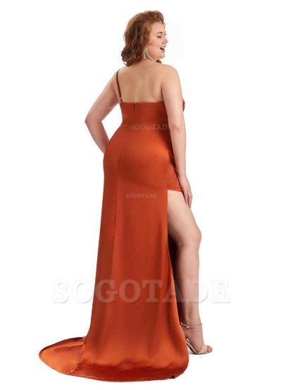 Sexy One Shoulder Side Slit Mermaid Soft Satin Long Plus Size Bridesmaid Dress For Wedding