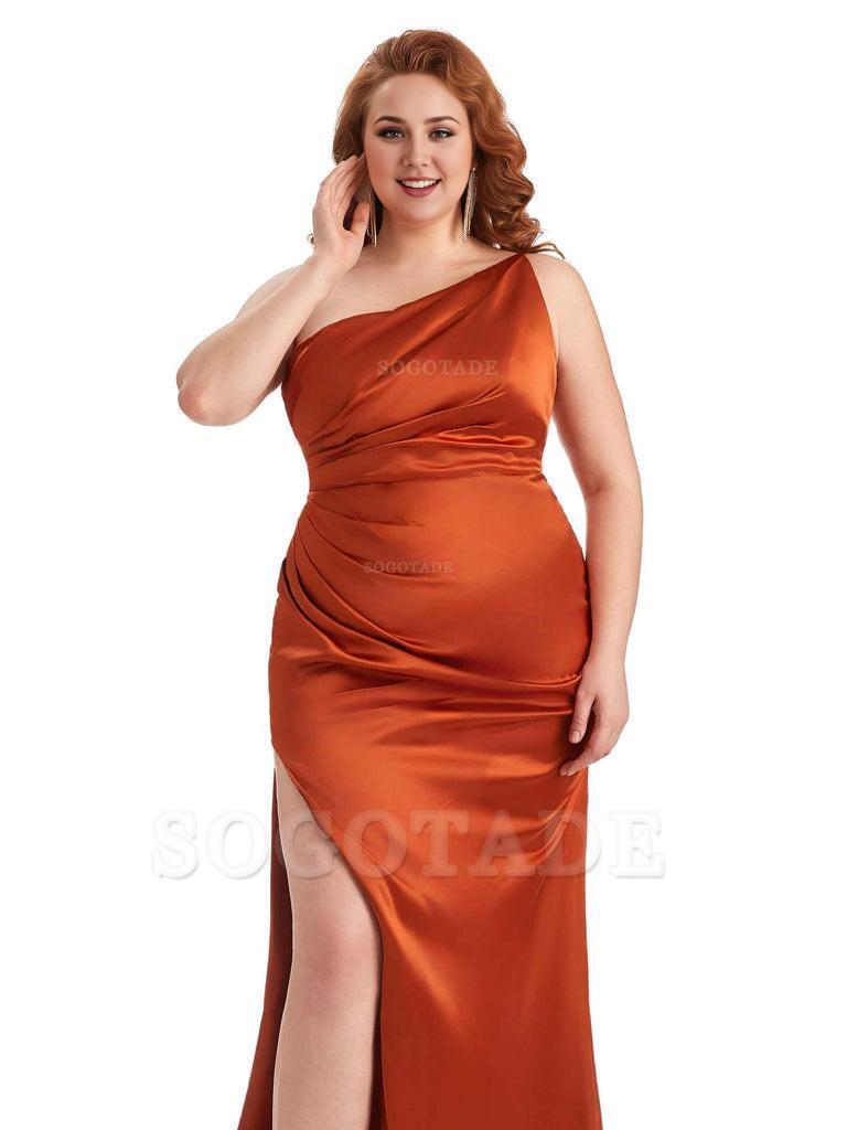 Sexy One Shoulder Side Slit Mermaid Soft Satin Long Plus Size Bridesmaid Dress For Wedding