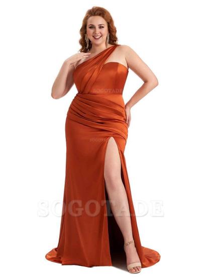 Sexy Side Slit One Shoulder Mermaid Soft Satin Long Plus Size Matron of Honor Dress For Wedding