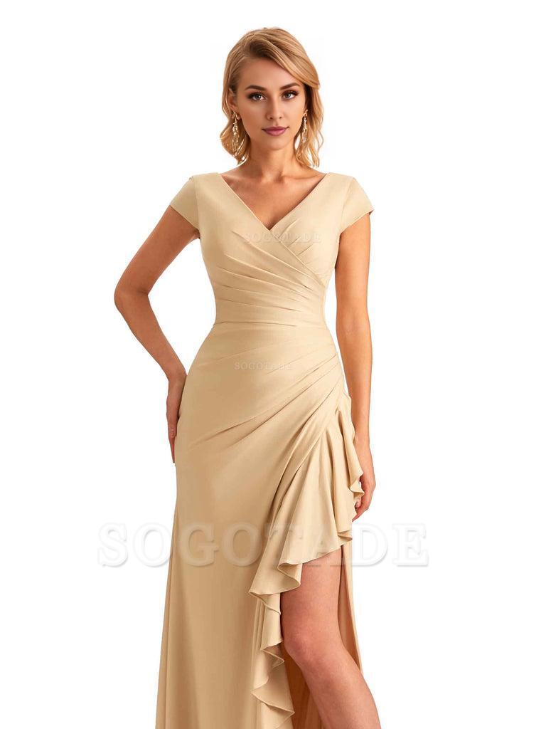 Sexy Side Slit Short Sleeves Mermaid Soft Satin Unique Long Maid Of Honor Dresses