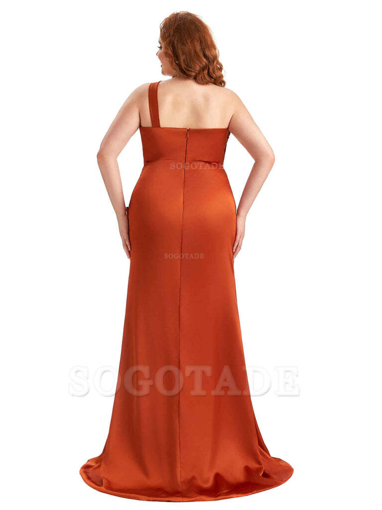 Sexy Side Slit One Shoulder Mermaid Soft Satin Long Plus Size Matron of Honor Dress For Wedding