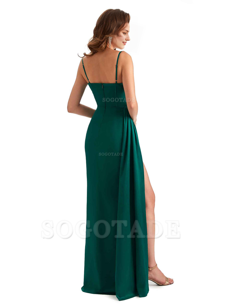 Sexy Side Slit Mermaid Silky Satin Spaghetti Straps Unique Wedding Guest Dresses