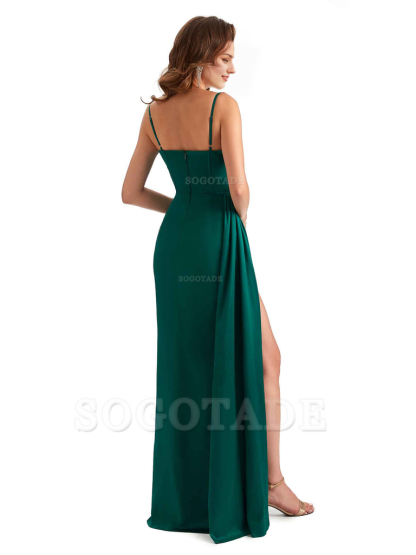Sexy Side Slit Mermaid Silky Satin Spaghetti Straps Unique Wedding Guest Dresses