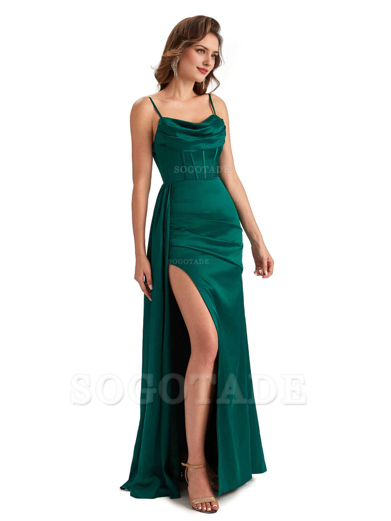 Sexy Side Slit Mermaid Silky Satin Spaghetti Straps Unique Wedding Guest Dresses