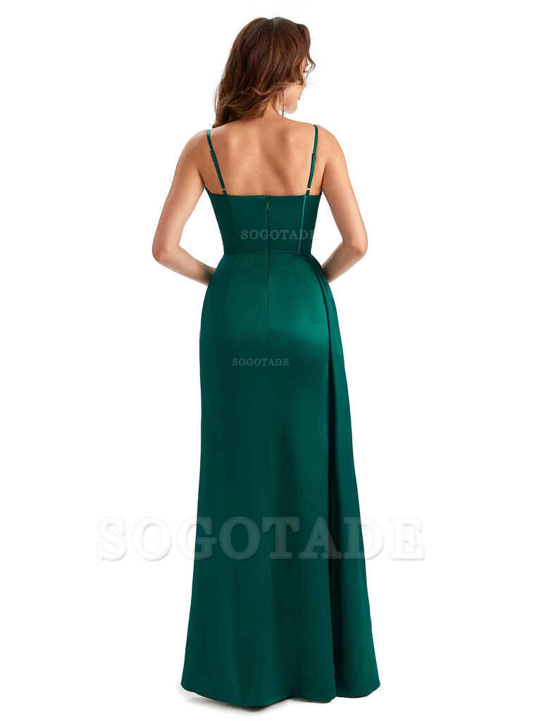 Sexy Side Slit Mermaid Silky Satin Spaghetti Straps Unique Wedding Guest Dresses