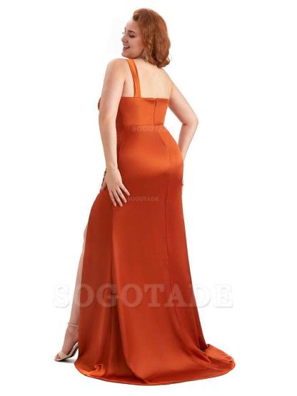 Sexy Side Slit One Shoulder Mermaid Soft Satin Long Plus Size Matron of Honor Dress For Wedding
