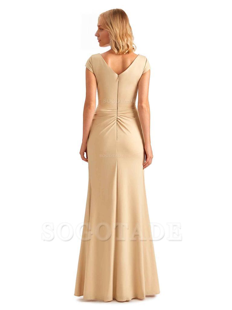 Sexy Side Slit Short Sleeves Mermaid Soft Satin Unique Long Maid Of Honor Dresses