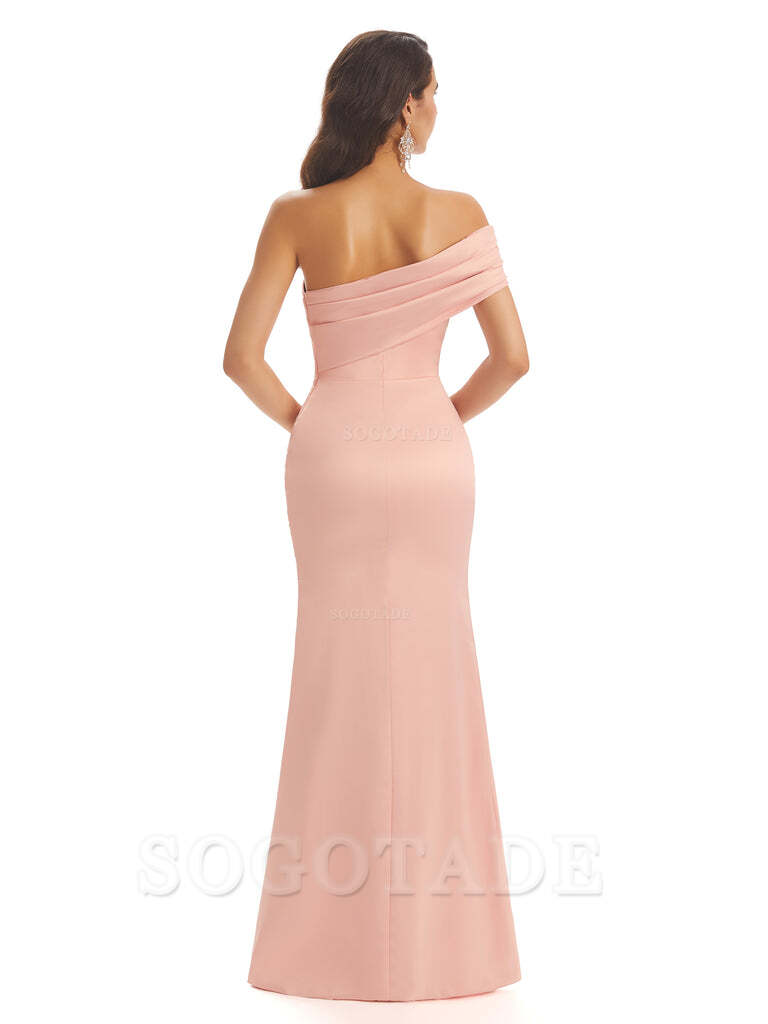 Soft Satin Sexy Side Slit One Shoulder Long Mermaid Bridesmaid Dresses Online prom dress in store