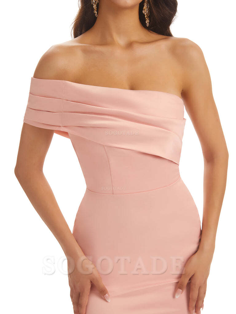 Soft Satin Sexy Side Slit One Shoulder Long Mermaid Bridesmaid Dresses Online prom dress in store