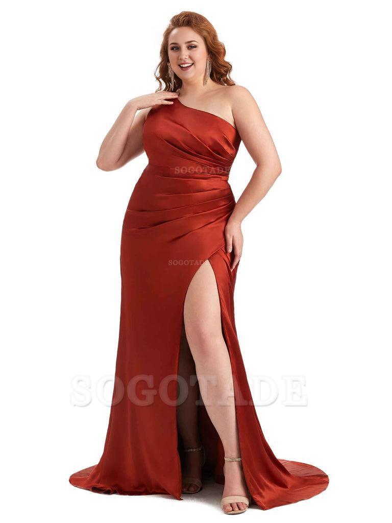 Sexy One Shoulder Side Slit Mermaid Soft Satin Long Plus Size Maid of Honor Dress For Wedding