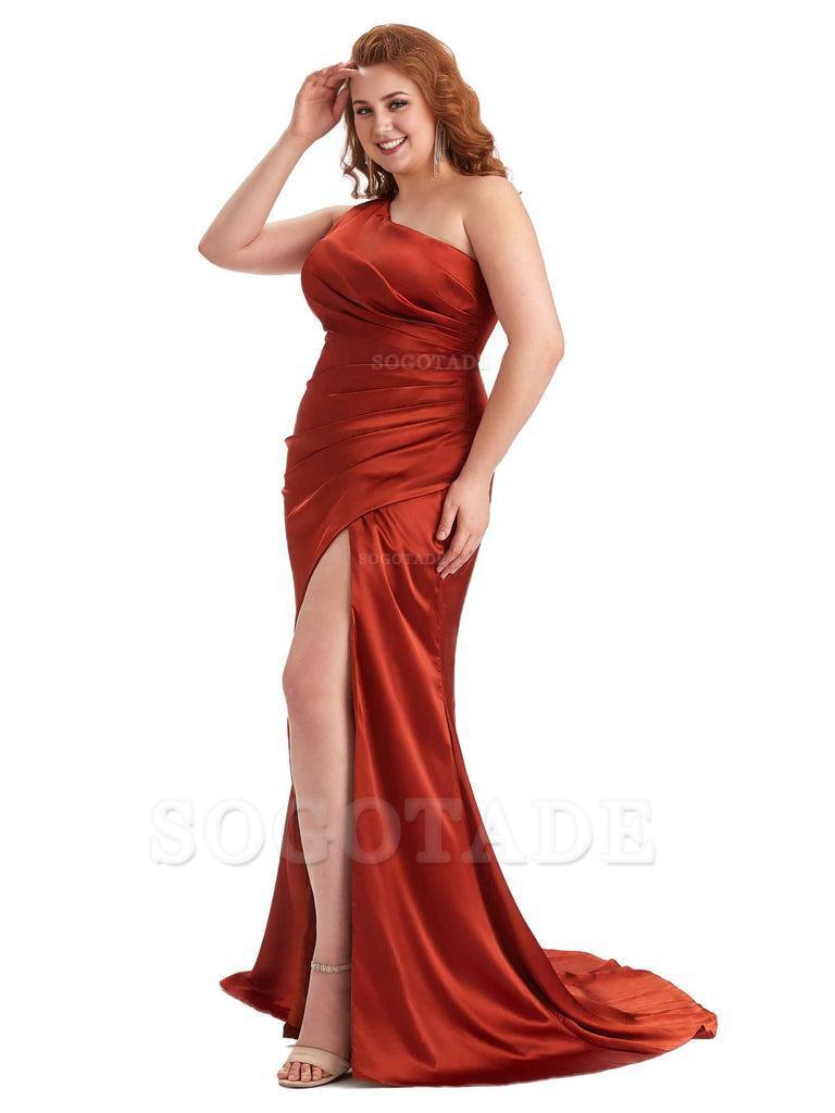 Sexy One Shoulder Side Slit Mermaid Soft Satin Long Plus Size Maid of Honor Dress For Wedding