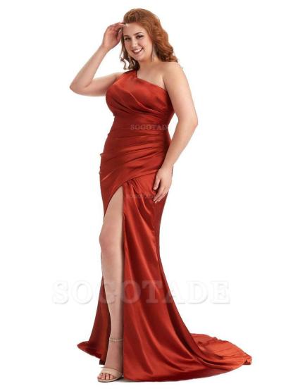 Sexy One Shoulder Side Slit Mermaid Soft Satin Long Plus Size Maid of Honor Dress For Wedding