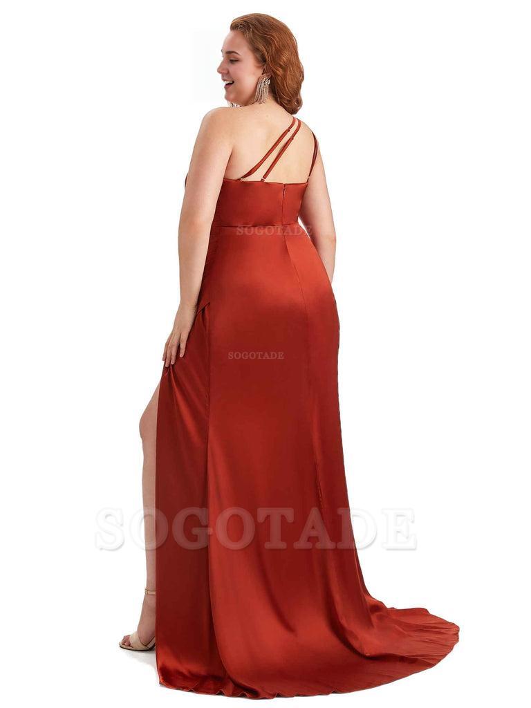 Sexy One Shoulder Side Slit Mermaid Soft Satin Long Plus Size Maid of Honor Dress For Wedding