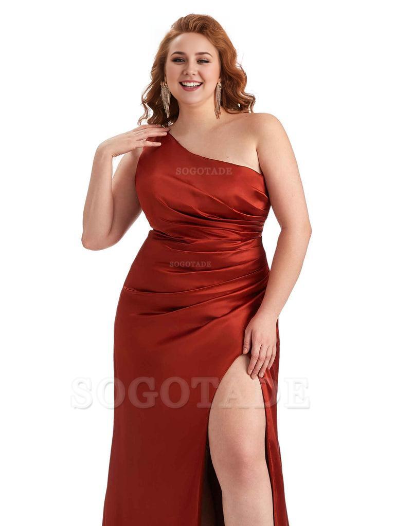 Sexy One Shoulder Side Slit Mermaid Soft Satin Long Plus Size Maid of Honor Dress For Wedding
