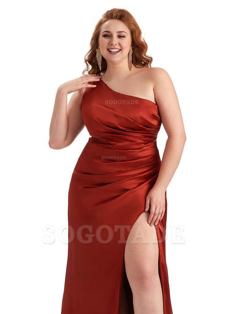 Sexy One Shoulder Side Slit Mermaid Soft Satin Long Plus Size Maid of Honor Dress For Wedding