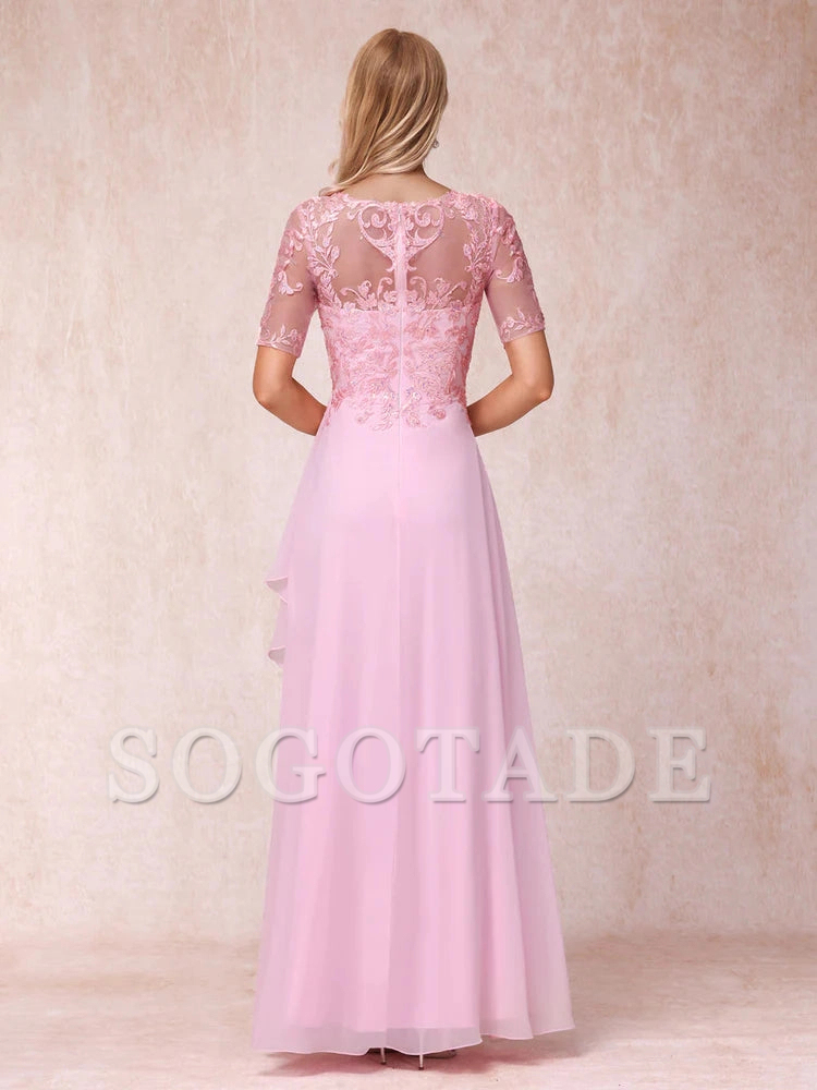 A-line/Princess V-neck short sleeved long formal mother of the bride dress