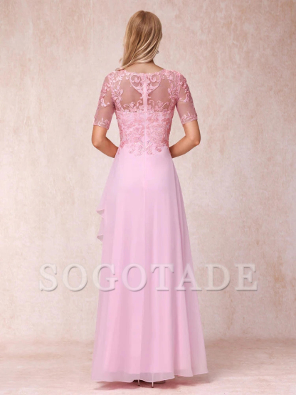 A-line/Princess V-neck short sleeved long formal mother of the bride dress
