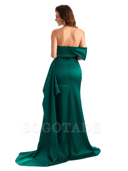 Sexy Side Slit Mermaid Silky Satin One Shoulder Chic Long Maid Of Honor Dresses