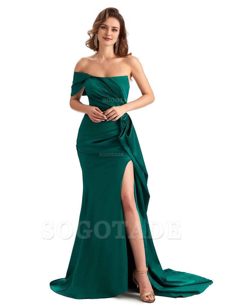 Sexy Side Slit Mermaid Silky Satin One Shoulder Chic Long Maid Of Honor Dresses