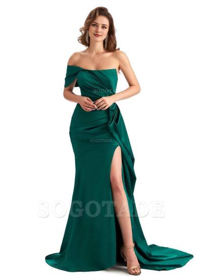 Sexy Side Slit Mermaid Silky Satin One Shoulder Chic Long Maid Of Honor Dresses