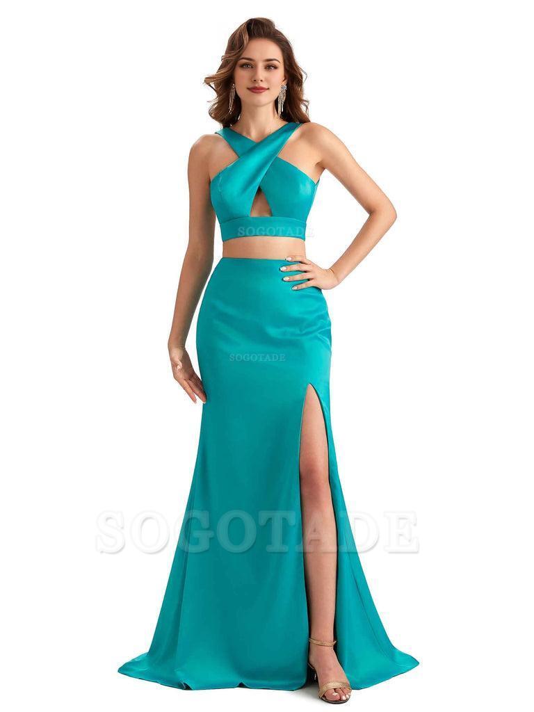 Sexy Side Slit Mermaid Silky Satin Halter Two Pieces Unique Long Bridesmaid Dresses