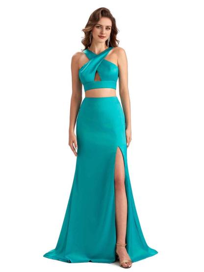 Sexy Side Slit Mermaid Silky Satin Halter Two Pieces Unique Long Bridesmaid Dresses