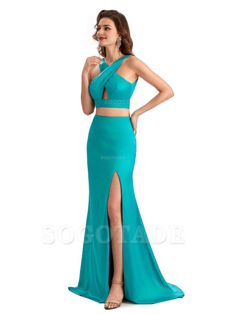 Sexy Side Slit Mermaid Silky Satin Halter Two Pieces Unique Long Bridesmaid Dresses