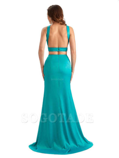 Sexy Side Slit Mermaid Silky Satin Halter Two Pieces Unique Long Bridesmaid Dresses
