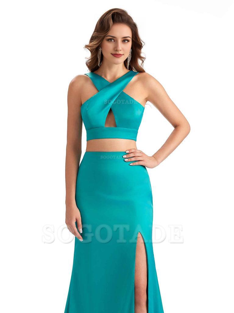 Sexy Side Slit Mermaid Silky Satin Halter Two Pieces Unique Long Bridesmaid Dresses