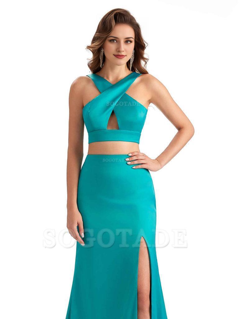 Sexy Side Slit Mermaid Silky Satin Halter Two Pieces Unique Long Bridesmaid Dresses