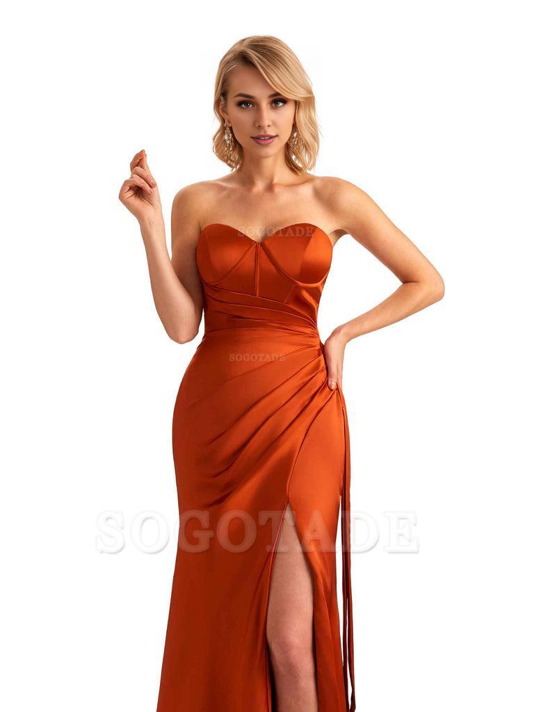 Sexy Side Slit Strapless Mermaid Soft Satin Unique Long Bridesmaid Dress For Wedding