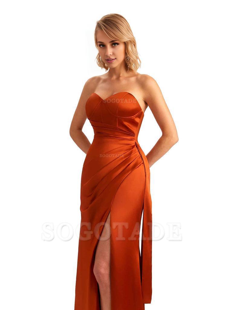 Sexy Side Slit Strapless Mermaid Soft Satin Unique Long Bridesmaid Dress For Wedding